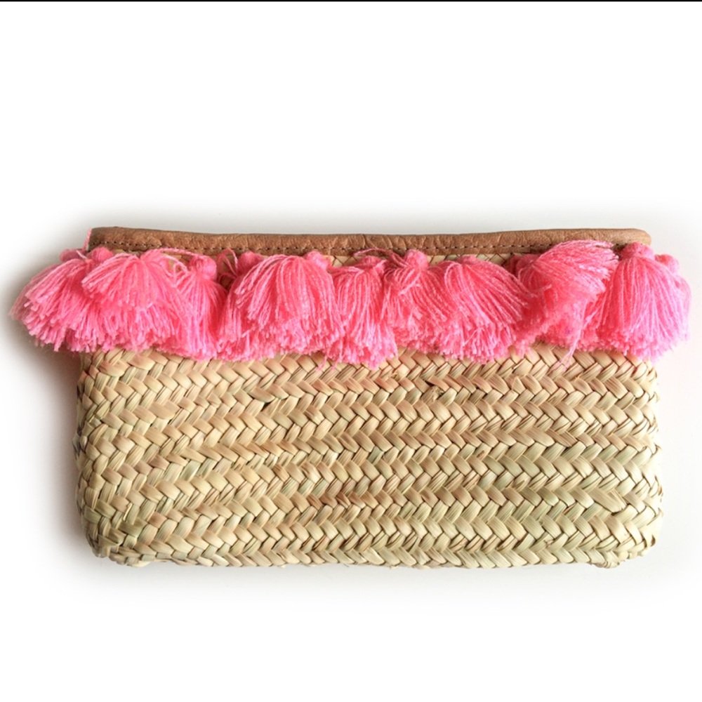 Straw Clutch Bags French Baskets PomPom Pink